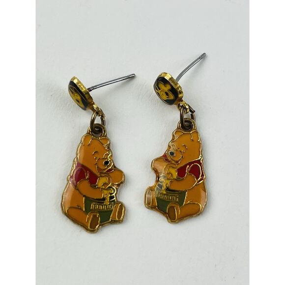 Vintage Winnie the Pooh Dangle Earrings Sitting Pooh w/Honey Pot Enamel Disney - Picture 3 of 14